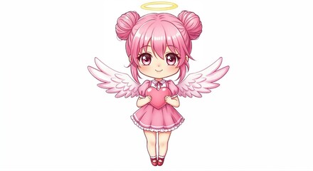 Fototapeta premium Angel of Affection: A sweet cartoon angel with pink hair, holding a heart, radiates love, and kindness. Adorned with wings and a halo, it embodies purity and compassion.
