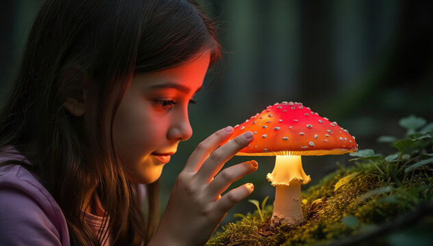 Enchanting Mushroom Discovery: A young girl gazes with curiosity and wonder at a vibrant, illuminated mushroom in a mystical forest setting, capturing a moment of childlike exploration. 