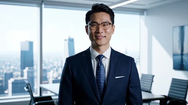 Successful adult asian businessman in a suit smiling in a modern corporate office with a city view. Confident male executive or financial advisor posing for a professional portrait