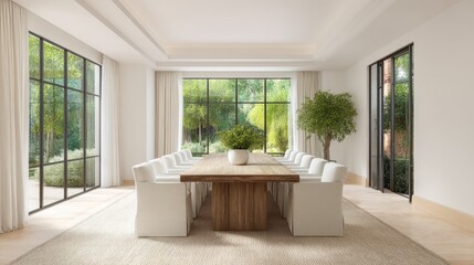 Fototapeta premium Modern Bright Conference Room with Large Windows, Elegant Decor and Nature View in a Contemporary Office Setting