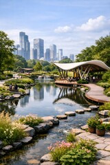 Fototapeta premium “Modern City Park with Lake and Skyline View” 🌿🏙️