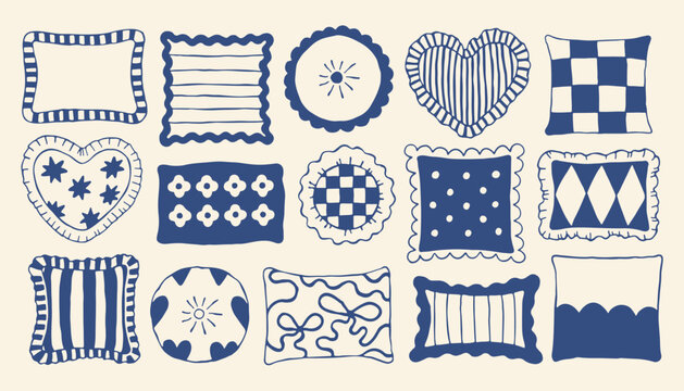 Decorative pillow collection in Mediterranean folk style. Hand drawn cushions. Trendy blue line vector set for home decor, textile design, interior branding and cozy lifestyle illustrations