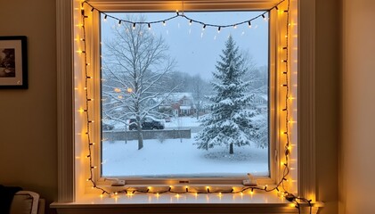 Winter Wonderland Through a Window: A cozy scene unfolds as snow gently falls outside a window framed by festive lights, a picturesque glimpse of a snowy landscape.