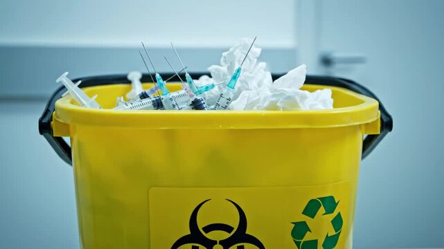 Yellow biohazard sharps container full of used syringes for medical waste disposal. Safe collection and management of contaminated clinical materials in a hospital