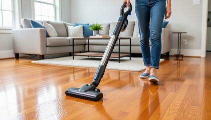 Fototapeta premium Clean Home Comfort: A woman's routine cleaning with vacuum cleaner in living room to keep shiny and clean. 