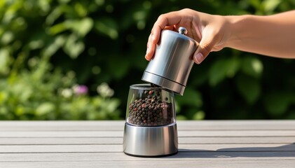 Pepper Grinder: An individual's hand, delicately manipulating a stylish stainless-steel pepper grinder against a vibrant backdrop of lush greenery.