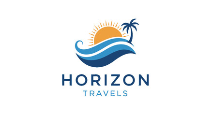 Fototapeta premium Horizon Travels logo with ocean waves and palm tree.