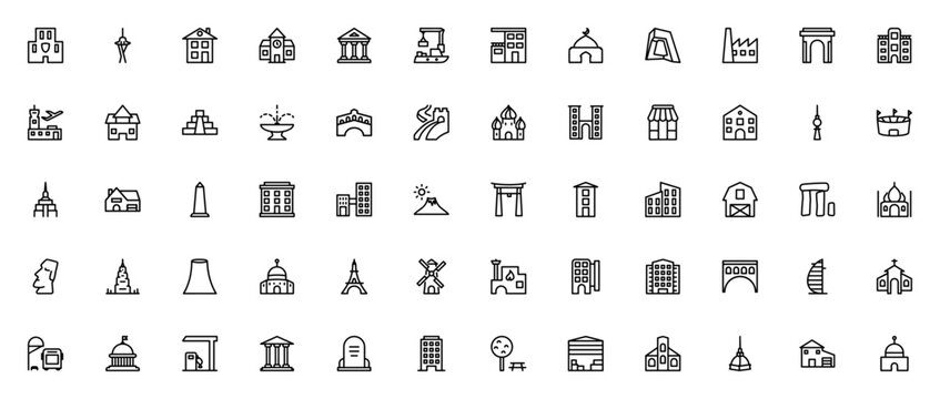 Places icon set. Vector landmarks collection. Includes police station, space needle, school, bank, airport, pyramid, Eiffel tower, Taj Mahal, stadium, factory and more.
