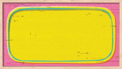 Doodle fluorescent yellow rounded rectangular with ink stains from risograph defect printing on old roneo paper pink background in wooden frame.