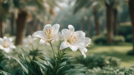 Fototapeta premium Elegant White Lilies Blooming in a Lush Garden Surrounded by Palm Trees and Natural Serenity