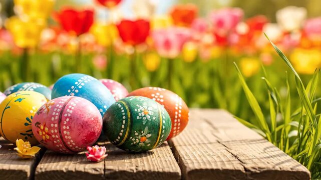 Vibrant hand painted easter eggs resting on a rustic wooden board in a sunny spring garden. Colorful blooming tulips create a beautiful blurred background. Festive holiday banner concept