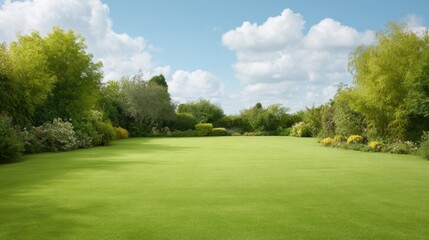 Obraz premium Expansive Lush Green Lawn Surrounded by Beautiful Trees and Colorful Flowers Under a Bright Blue Sky with Fluffy Clouds