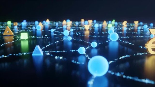 Quantum arbitrage paths illustrate global financial network connections with vibrant glowing currency symbols and abstract data points on a dark reflective surface.