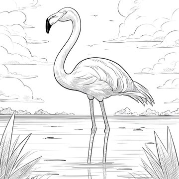 A flamingo in the lake coloring page.