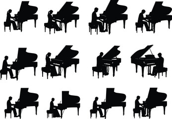 Silhouette of people playing grand piano vector illustration, music performance concept, pianist practicing, artistic musical creativity, concert stage design for Adobe Stock © Shuda