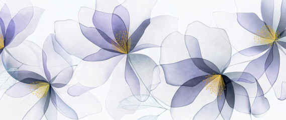Obraz premium Art backdrop featuring transparent purple flowers with golden watercolor accents. Botanical floral banner for decor, prints, posters, textiles, wallpaper, and interiors.