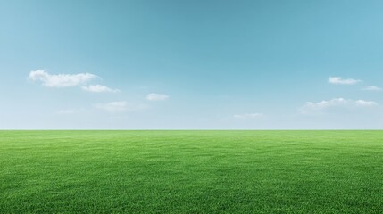 Fototapeta premium Lush Green Grass Field Under Clear Blue Sky with Fluffy Clouds in Bright Daytime Atmosphere