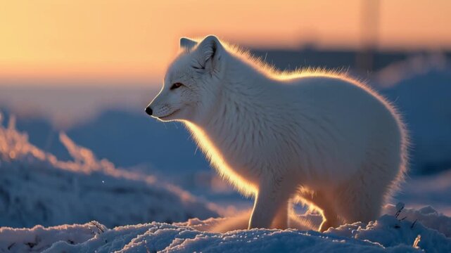 Arctic fox standing up in snowy tundra landscape during golden hour