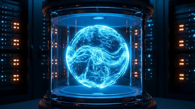 Quantum arbitrage paths are computed by an advanced glowing neural network within a futuristic data center, illuminated by cinematic blue light.