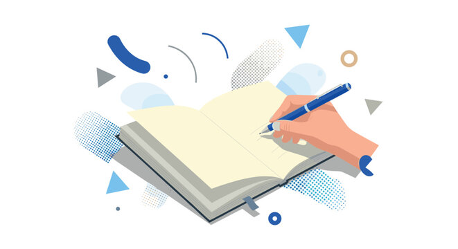 Hand Writing in Open Book with Pen for Study Notes, Education Learning Process, Academic Writing, and Knowledge Development Illustration