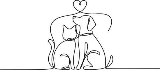Cat and dog friends Love heart. Continuous one line drawing.one line vector icon illustration © Misho x Mamun