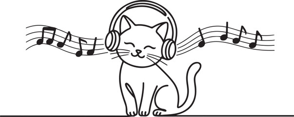 Obraz premium Vector cute cat in headphones listens to music. Melomaniac cat.one line vector icon illustration