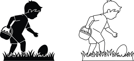 Fototapeta premium Easter egg hunt kids silhouettes isolated on transparent background, Vector