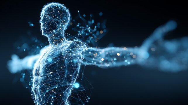 Digital twin medicine concept with holographic human body and medical data visualization representing AI-powered healthcare technology and personalized treatment simulation.