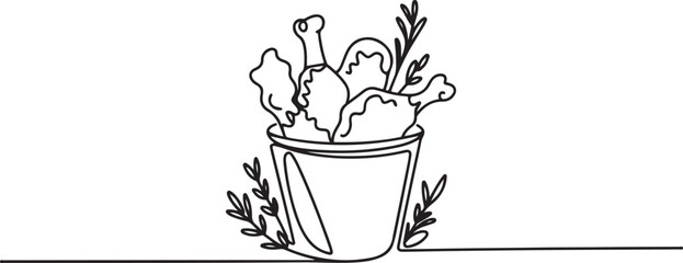 A bucket of fried chicken drumsticks and wings with herbs. Portion of delicious food.one line vector icon illustration © Misho x Mamun