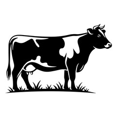 Fototapeta premium Cow in the Meadow Silhouette: A striking black and white silhouette of a cow stands proudly in a field of grass. A minimalist illustration with a focus on simplicity. 