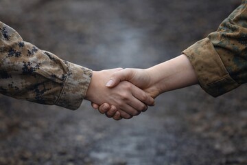 Close-up of two female soldiers shaking hands in military uniforms. The scene symbolizes cooperation, respect, alliance, and unity among military personnel in a context of strength and solidarity.