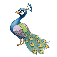 Obraz premium Colorful blue peacock with bright feathers spread in a beautiful tail standing against a white background