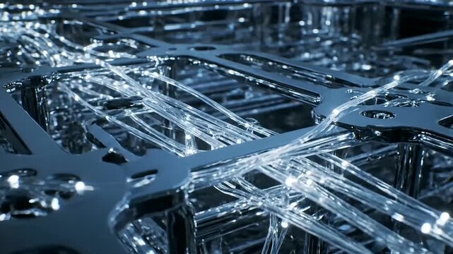 Quantum arbitrage paths intricately illuminated through futuristic metallic and optical fiber networks, showcasing complex data flow and advanced computational infrastructure.