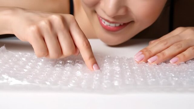 Woman popping bubble wrap, stress relief, relaxation therapy