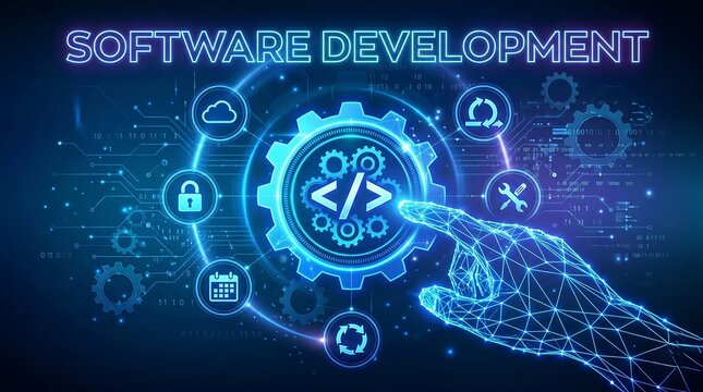 oftware development practices methodology. Devops. Agile development optimization concept. Software engineering. Software development icon in wireframe hand. ai