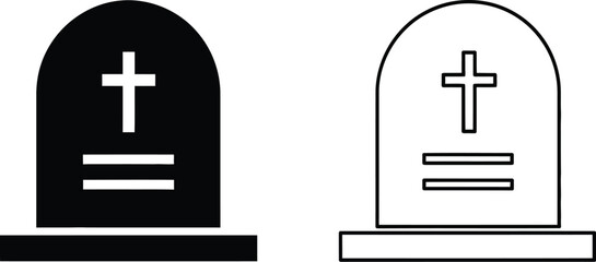 Fototapeta premium Tombstones with crosses black and white icon set isolated on transparent background, Vector