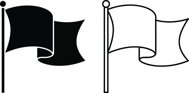 Black and white flags waving on poles isolated on transparent background, Vector