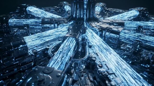 Quantum arbitrage paths illuminating an advanced interconnected data stream within a complex futuristic digital network infrastructure with dramatic sci-fi glow.