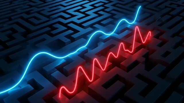 Quantum arbitrage paths illustrate complex data streams and strategic navigation within a dark futuristic maze, showcasing problem-solving and market challenges with glowing neon lines.