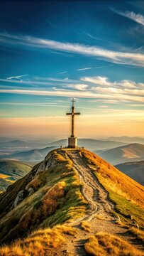 A photo of a majestic mountain range in Tarnica, Poland, showcasing the highest peak of Bieszczady The top of the hill features an ancient cross stan