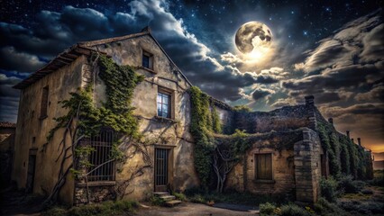 Fototapeta premium A photo of an old abandoned building silhouetted against a moonlit sky The weathered structure stands alone in the night, its windows shattered and o
