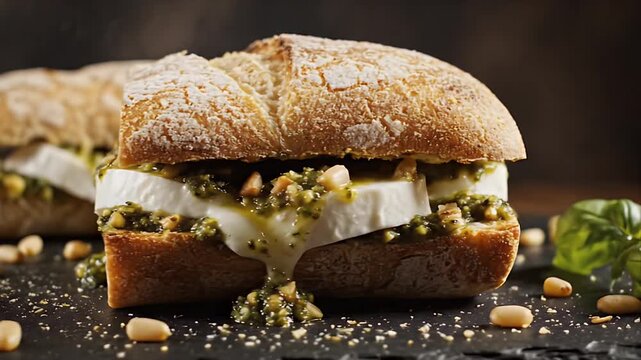 Artisan Italian Sandwich With Fresh Mozzarella Basil Pesto And Pine Nuts On Crusty Bread In A Delicious Food Presentation Close Up