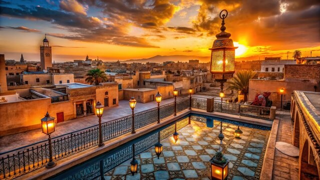 A photo of a breathtaking panoramic sunset view over Marrakechs old medina, golden hues casting long shadows on intricate tilework and narrow streets