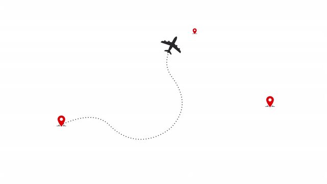 Travel flying route plane Top view of a plane following a dotted route with red location pins indicating destinations on a white background, perfect for travel and transportation themes