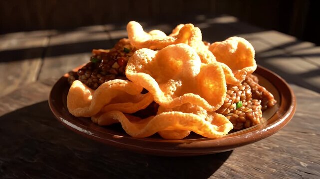 Authentic Indonesian Tempe Orek and Kerupuk Snack Platter Served on a Rustic Wooden Table with Dramatic Sunlight Shadows Seamless Loop