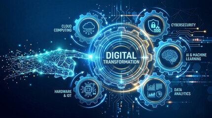 Obraz premium Digital transformation concept. Digitization of business processes and modern technology. Disruption, innovation. Hand touching ai new