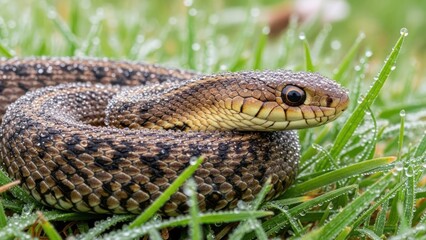 Fototapeta premium A coiled snake rests in dewy grass, showcasing detailed scales and a watchful gaze
