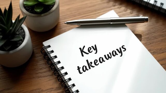 Key takeaways text on a notepad for business meeting summary. Professional office desk with a pen and succulent plants for a corporate training or learning concept banner