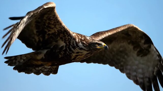 Majestic hawk soars high against clear blue sky background.