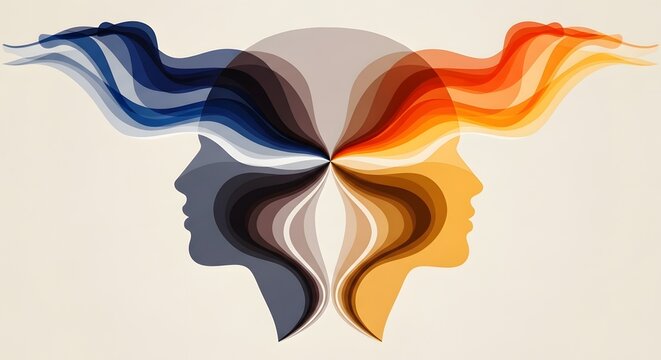 Abstract human faces in multiple colors and shades side view